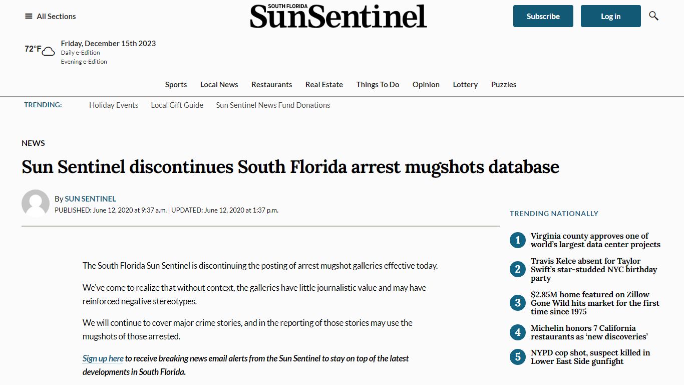 Sun Sentinel discontinues South Florida arrest mugshots database
